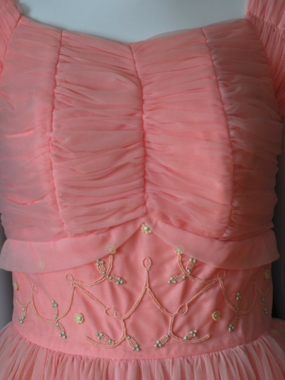 1950's Feminine Layered, Ruched & Beaded Pink Dress - Picture 6 of 7